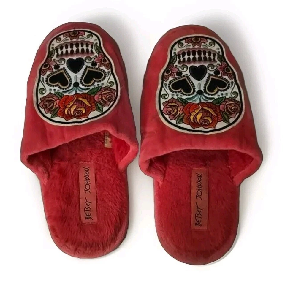 Zapatillas Betsey Johnson Azúcar Calavera Rosas Rosa Acolchado Terciopelo Talla 5-6 Ex Pequeñas Foto 2 de 4