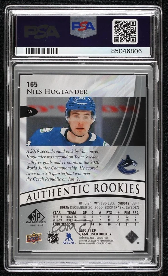 2020 SP Game Used Authentic Rookies /36 Nils Hoglander PSA 10 GEM MT Rookie RC - Image 2 of 2