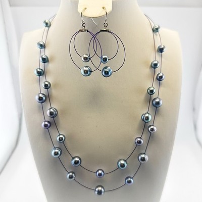 Honora Necklace Earrings Set Pearl Blue Purple Floating Illusion Wire 18''
