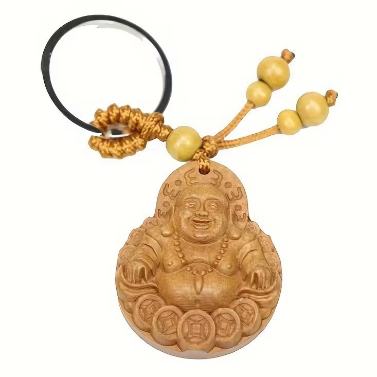 Laughing Buddha Buddhism Shaped Carved Wood Keyring Premium Keychain Gift UK
