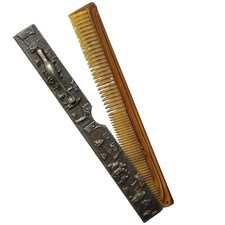 Vintage Denmark Comb Holder with Amber Comb Folk Village Scene 5” Pewter Tone 