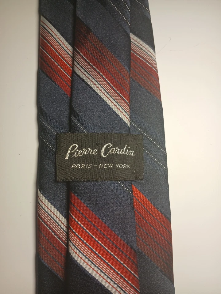 "Corbata vintage Pierre Cardin París Nueva York azul marino rojo rayas seda 57-59"" clásica" Foto 4 de 4