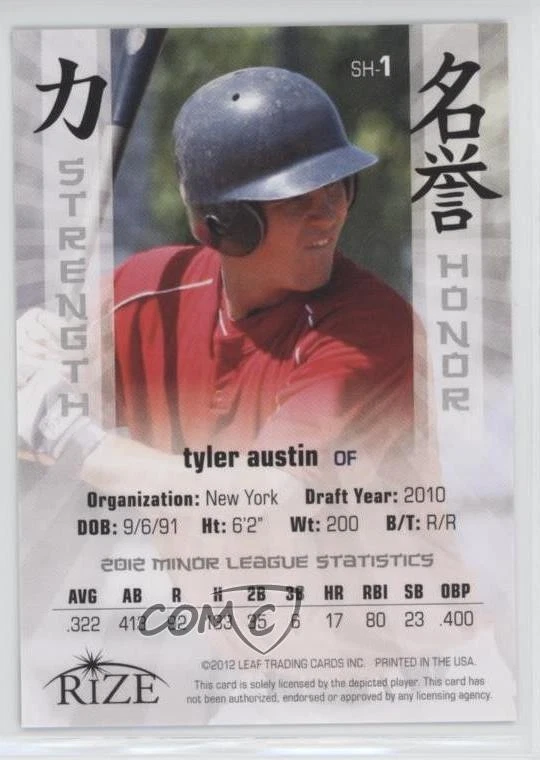 2012 Leaf Rize Draft Strength and Honor Inaugural Edition Proof Tyler Austin - Image 2 of 2