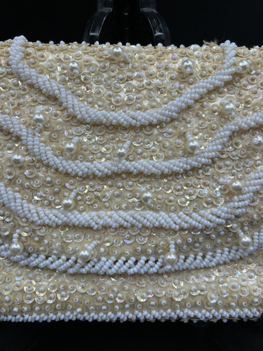 VTG. Cream Iridescent Beaded Clutch Evening Bag Hong Kong Coquette Bridgerton - Picture 3 of 12