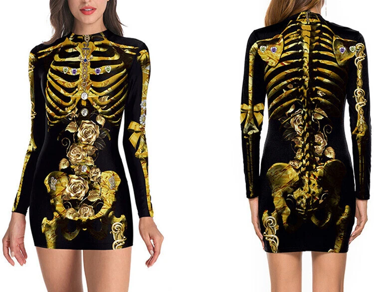 OFF WHITE Vestito Bodycon Scheletro Donna Gotico Mini Halloween Maniche Lunghe Vestiti Festa Q