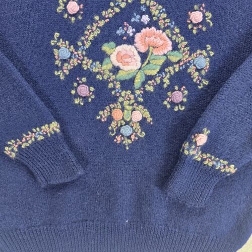 Deans Of Scotland 100% Wool Womens Blue Sweater W/ Floral Needlepoint Size Xl - Picture 2 of 23