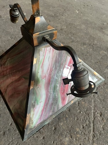 Antique Mission Slag Glass Flashed Copper 3 Light Ceiling Pendant Japanned - Picture 11 of 16