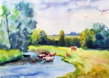 Watercolor Painting At Watering Holes Serdyuk B. Unframed Original Art nSerb956