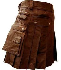 Men's Brown Genuine Leather Utility Pockets Double Pleated CARGO Kilt with Doubl