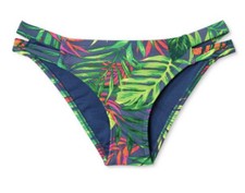 Juniors' Side Tab Cheeky Bikini Bottom - Xhilaration Blue Tropical Print, Sz M