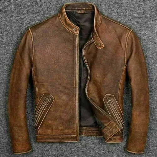 Cafe Racer Tan Brown Vintage Biker Men's Motorcycle Distressed Leather Jacket