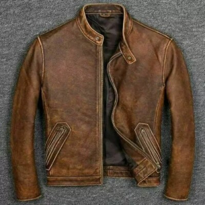 Cafe Racer Tan Brown Vintage Biker Men's Motorcycle Distressed Leather Jacket