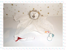 ㉒ - Gand Doudou Semi Plat Carré Lion Lange Bio Crème Beige Attache Sucette Fehn