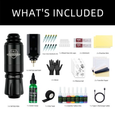 Portable Completely Wireless Tattoo Pen Machine Kit Soap Cream 7 Ink