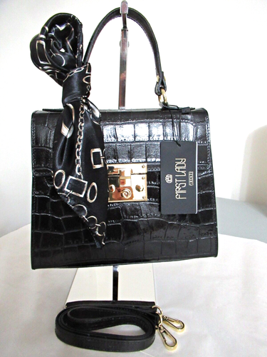 ITALIAN PREMIUM LEATHER CROC EMBOSSED BAG HANDBAG W ACCENT SCARF- MADE IN ITALY - Picture 2 of 12