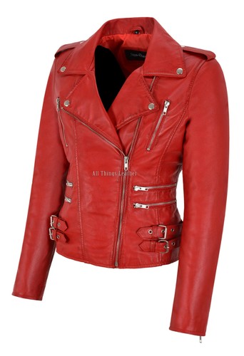 Ladies Cross Zip Leather Jacket Red Soft Lambskin Biker Style Fashion Jacket - Picture 2 of 8