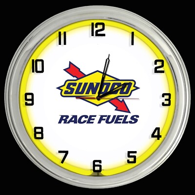 16'' SUNOCO Race Fuels Gasoline Sign Yellow Neon Clock Gas Station Oil Lube