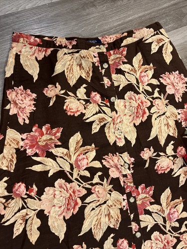 Chaps Woman Midi Skirt Linen Blend Size 12 Brown Pink Floral Button Front Flowy - Picture 2 of 10