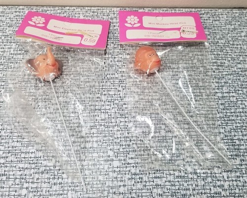 Vtg LOT 2 Mini ANIMAL HEAD PICKS MONKEY & ELEPHANT Frank’s Nursery & Crafts NOS - Picture 1 of 11