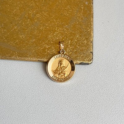 14K Yellow Gold Matte Shiny St Lucy of Blind Round Medal Pendant Charm NEW  15MM