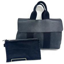 HERMES Valparaiso PM Tote Bag Lether Canvas handbag Black With Pouch