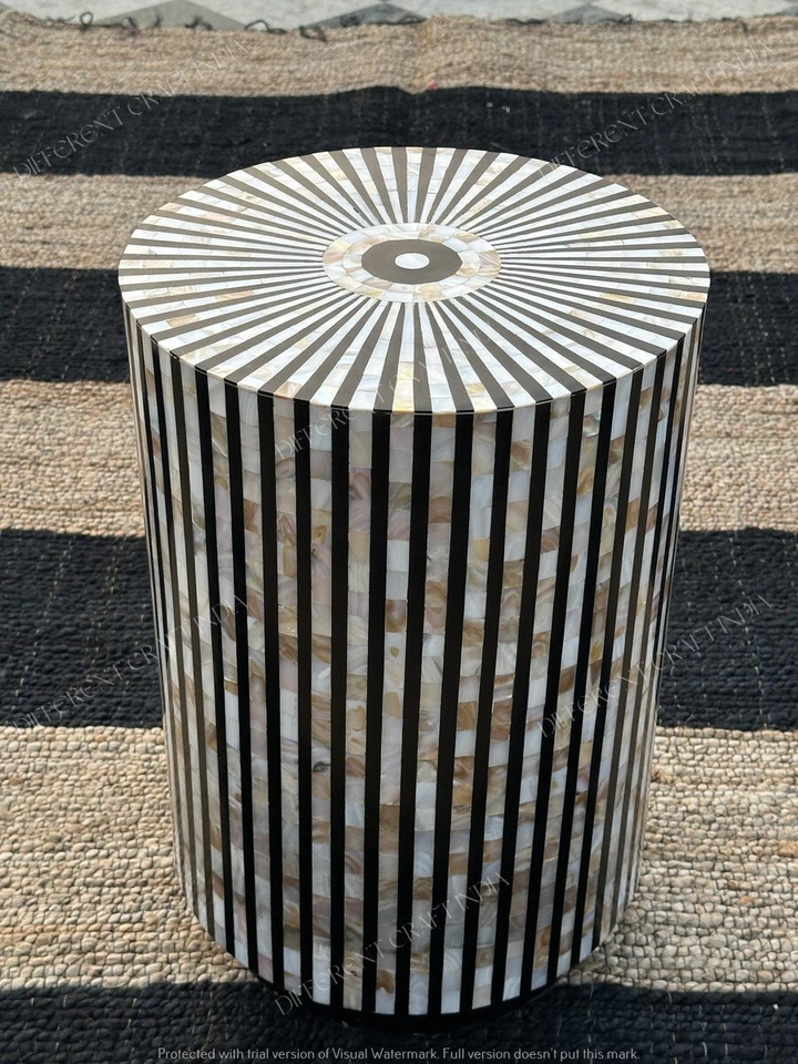 Indian Black and White Cylinder Table with Mother of Pearl Bone Inlay Home Decor - Image 2 of 3
