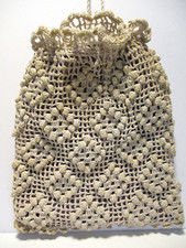 Victorian Crocheted Drawstring Purse Handbag Pouch - Lavender Lining 10" x 8"