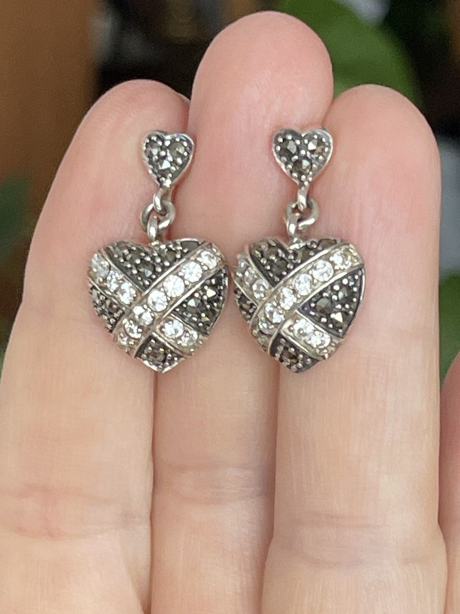 Vintage Signed A 925 Silver Marcasite CZ Dangle Heart Earrings