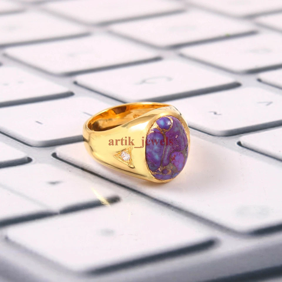 Künstlicher Kupfer Türkis Edelstein Vergoldet 925 Sterlingsilber Ring #5913 - Bild 3 von 4