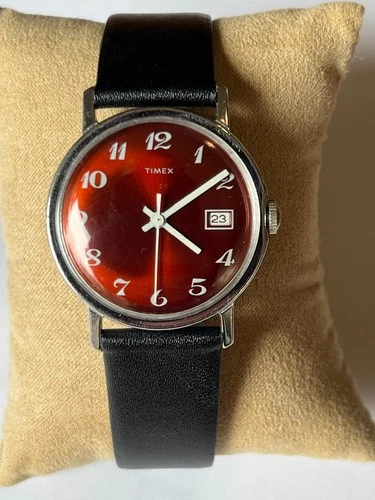 Men's Timex Mercury 1973 manual serviced red dial great shape black leather band