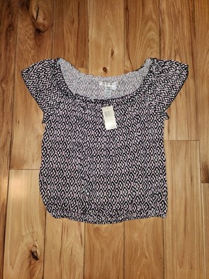 Women's Size Large Petite Max Studio London White Black Print Blouse Shirt (NWT)