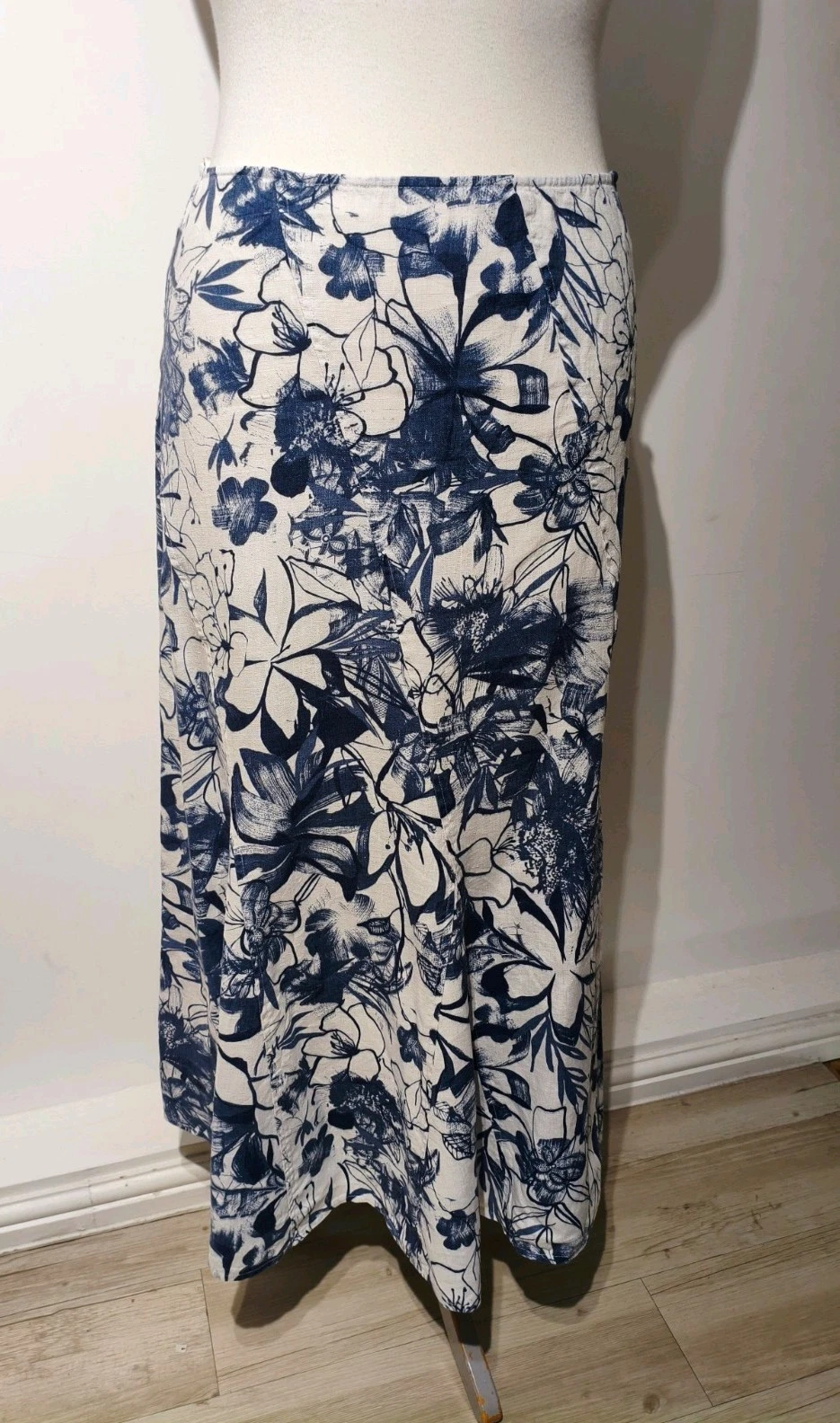 Per Una Linen Maxi Skirt UK 12 Blue White Floral Fluted Biased Panel Summer
