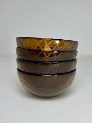 Set of 4 Amber Glass Bowls Diamond Cut Lattice Pattern Cereal Soup Salad 6''