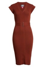 NWT Vince Camuto Brown V-neck Bodycon knit Midi Dress sz L