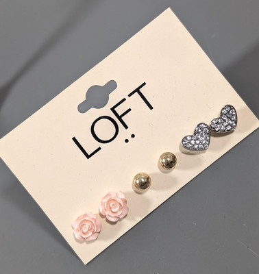 LOFT Set of 3 Earrings Pierced Stud Pink Rose Flower Rhinestone Pave Heart