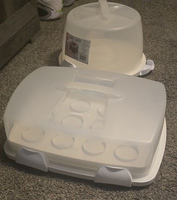 cake and cup cake carrier and storage. holds up to 24 cup cakes, clear plastic