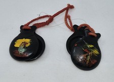 VINTAGE SPANISH BLACK EBONY BAKELITE CASTANETS 2 PAIRS HAND PAINTED BULLFIGHTER