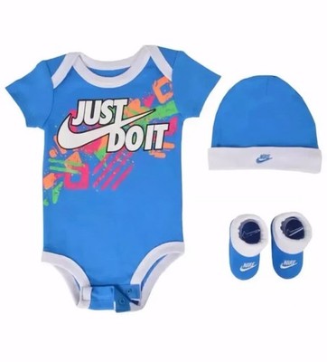 Nike 3-Piece Layette Set Bodysuit Hat Booties Blue Graphic Print Sports 0-6M