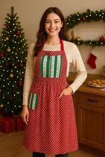 Vintage 90s Homemade Christmas Cotton Apron Red Polka Dot Holiday Baking Kitchen