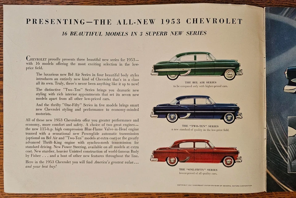 Chevrolet Bel Air 1953 Two Ten One Fifty Series Prestige folleto de ventas original Foto 3 de 4
