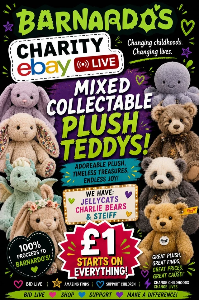 Barnardos Mixed Plush Jellycat/Steiff/Charlie Bear Live @4pm £1 Starts !