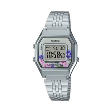 Casio LA680WA-4C Women's Silver Floral Digital Alarm LED Backlight Stopwatch