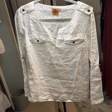 Tory Burch White 💯 Linen Tunic Faux Pockets Roll Tab Sleeves V Hook Neck Size 8