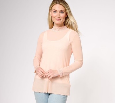 LOGO by Lori Goldstein Women's Top Sz L Sheer Mesh Mock Neck with Pink A385387