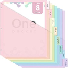 Pastel Binder Dividers with Pockets 8-Tab Durable Plastic Dividers for 3-Ring