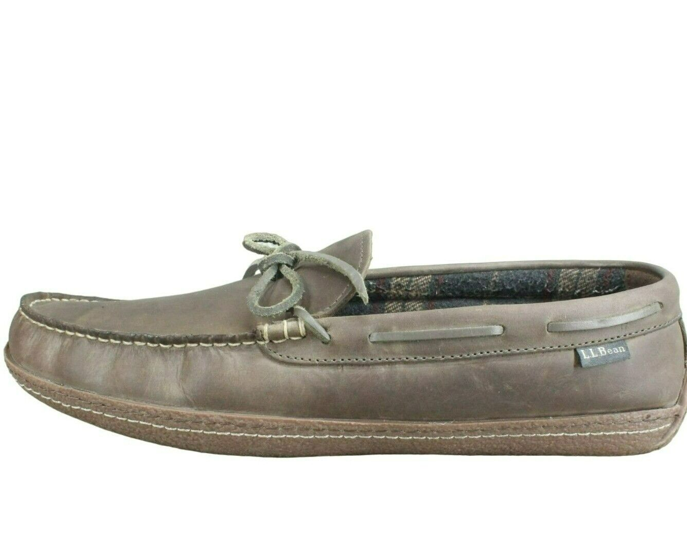 LL Bean Men's Gray Leather Flannel Lined Handsewn Moccasin Slippers