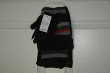 NWT Capelli New York 3-Piece Set Scarf Glove Hat Black Red Grey Stripes M/L
