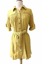 Anthropologie Rilke Lace Eyelet Mini Belted Shirtdress Yellow Mustard XS