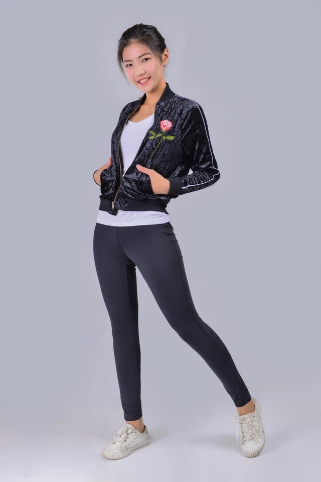 Chaqueta Bomber Mujer Terciopelo Cremallera Frontal Manga Larga Rosa Bordada Foto 3 de 4