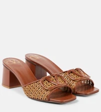 Valentino Garavani VLogo leather and raffia mules Slides Sandals Size 38.5/US8.5